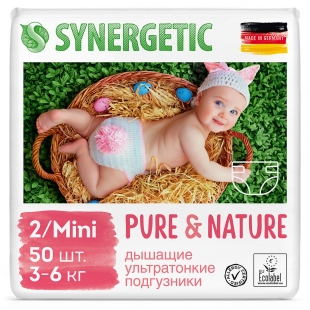 Подгузники детские "Pure&Nature", дышащие, размер 2/mini, 3-6 кг Synergetic